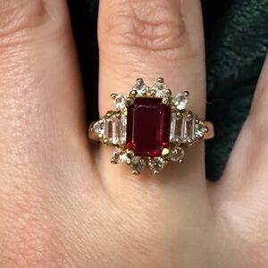 Gold Ring with Deep Red lab created ruby and CZ size 7